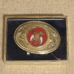 Vintage Shriners Logo Masonic Gold Tone & Red Oval Belt Buckle Made‎ in USA